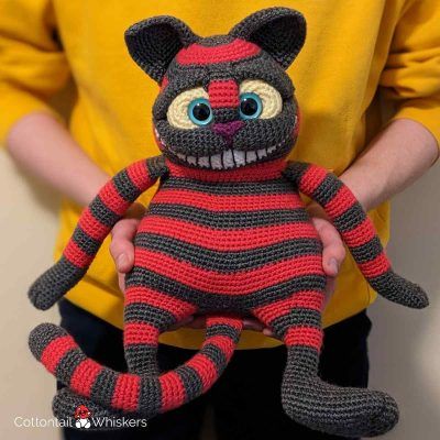 Sizing amigurumi alice in wonderland cheshire cat crochet doll pattern by cottontail and whiskers