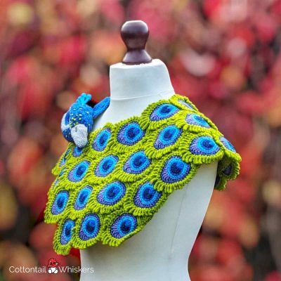 Amigurumi crochet peacock shawl pattern by cottontail and whiskers