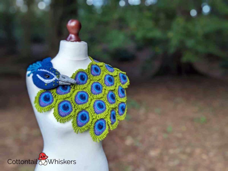 Amigurumi crochet peacock shawl pattern by cottontail and whiskers