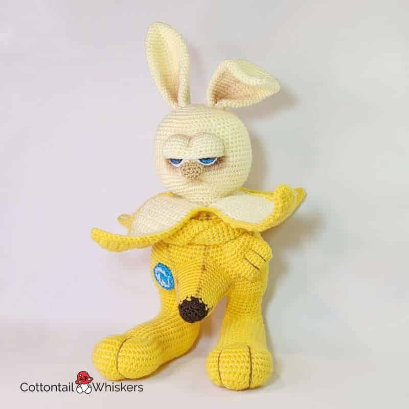 Unhappy crochet bunny rabbit dressed as a banana