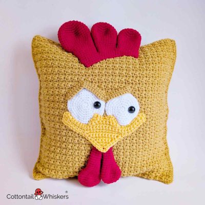 Chicken Cushion Crochet Pattern Amigurumi Pillow Case Portrait by Cottontail and Whiskers