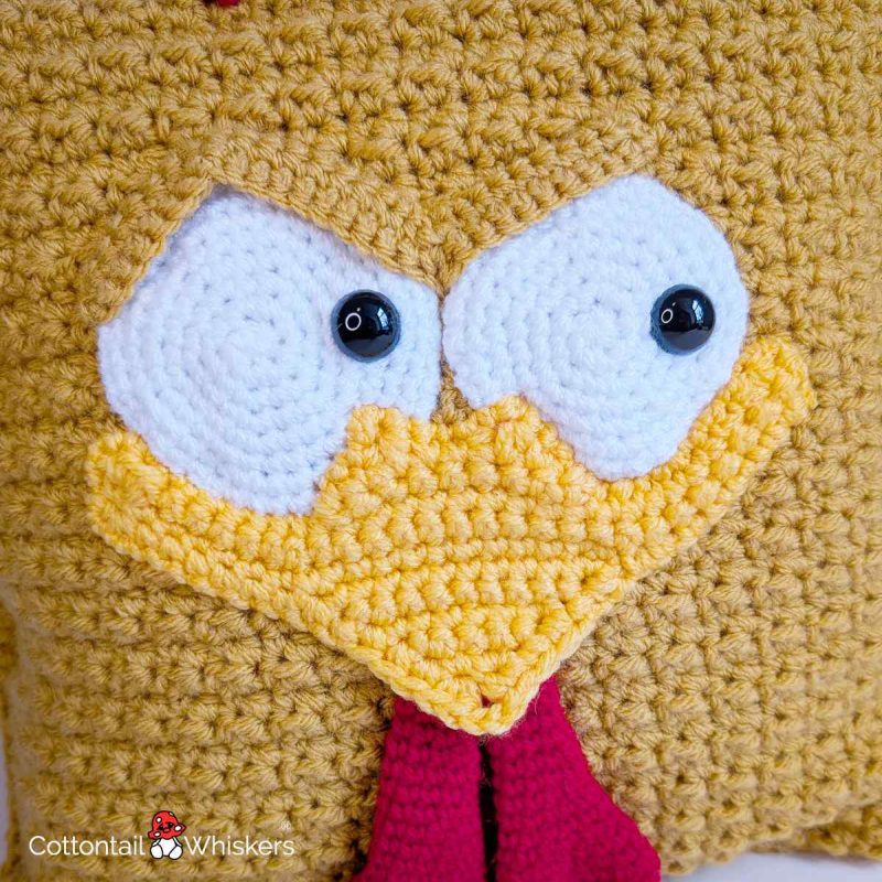 Chicken Cushion Crochet Pattern Amigurumi Pillow Case Closeup by Cottontail and Whiskers