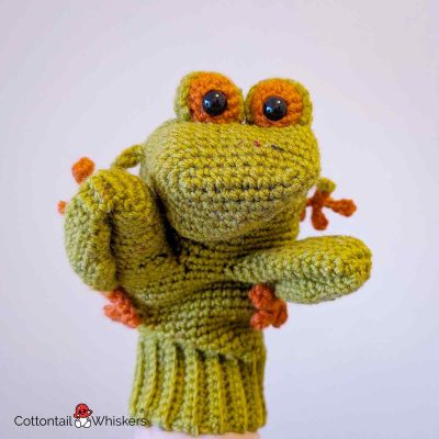 Crazy Frog Mittens Crochet Pattern Toad Amigurumi Project Single Front by Cottontail and Whiskers