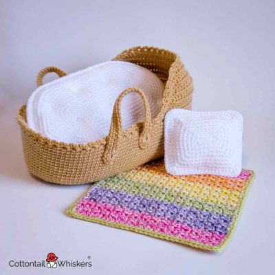 Dolls Moses Basket Crochet Pattern Blanket Pillow Mattress Main by Cottontail and Whiskers