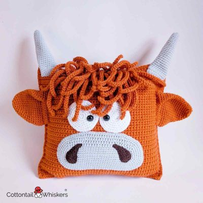 Highland Cow Cushion Crochet Pattern Amigurumi Pillow Case Full Frontal by Cottontail and Whiskers