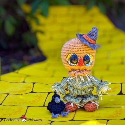 Scared Wizard of Oz Crochet Scarecrow Pattern Yellow Brick Road Amigurumi Project by Cottontail and Whiskers