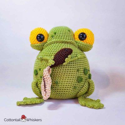 Toad crochet doorstop pattern with amigurumi baby tadpole by cottontail and whiskers