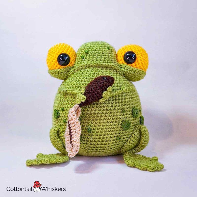 Toad crochet doorstop pattern with amigurumi baby tadpole by cottontail and whiskers